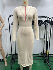 v-neck backless long sleeve knitted dress, view 8 - MRSLM