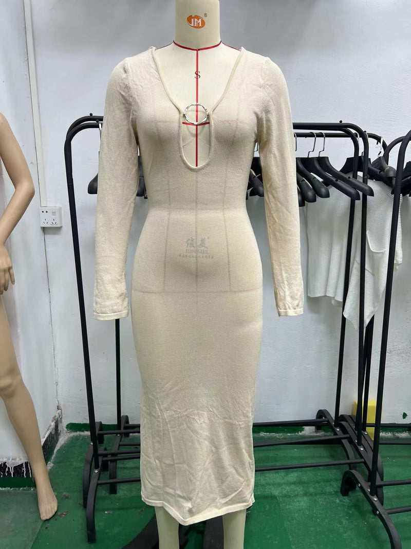 v-neck backless long sleeve knitted dress, view 8 - MRSLM