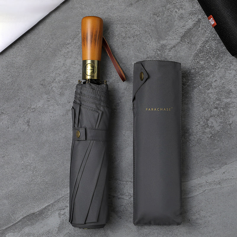large automatic folding umbrella with wooden handle, view 4 - MRSLM
