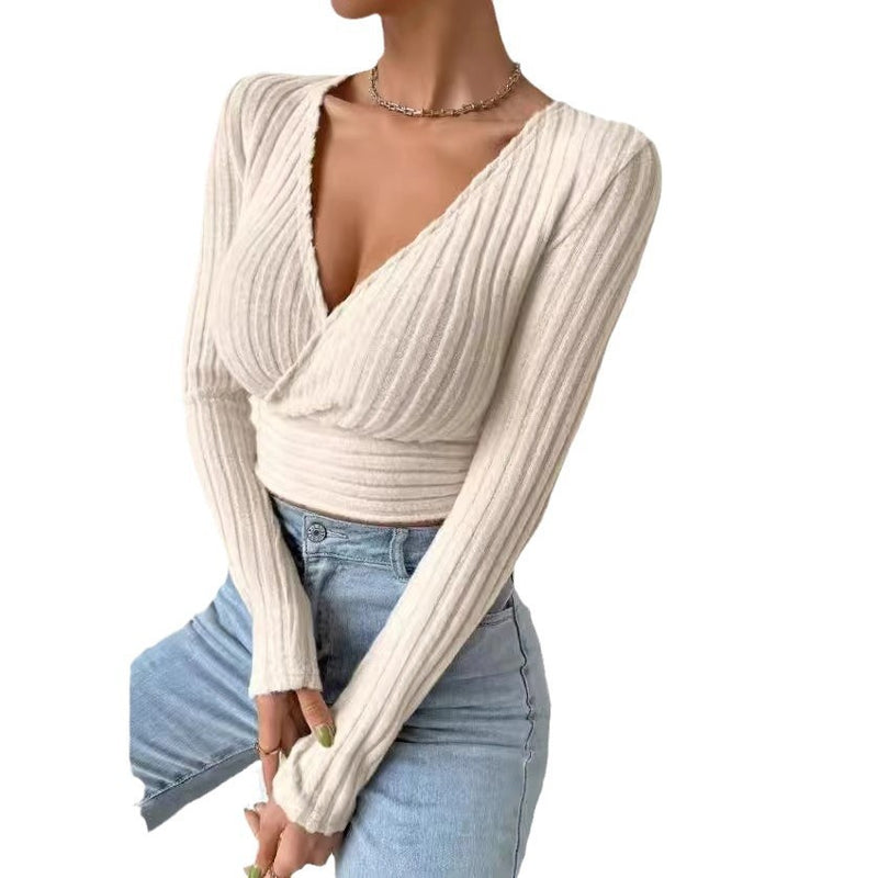 short deep V-neck knitted sweater, view 5 - MRSLM