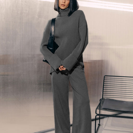 loose high collar sweater and knit trousers suit - MRSLM