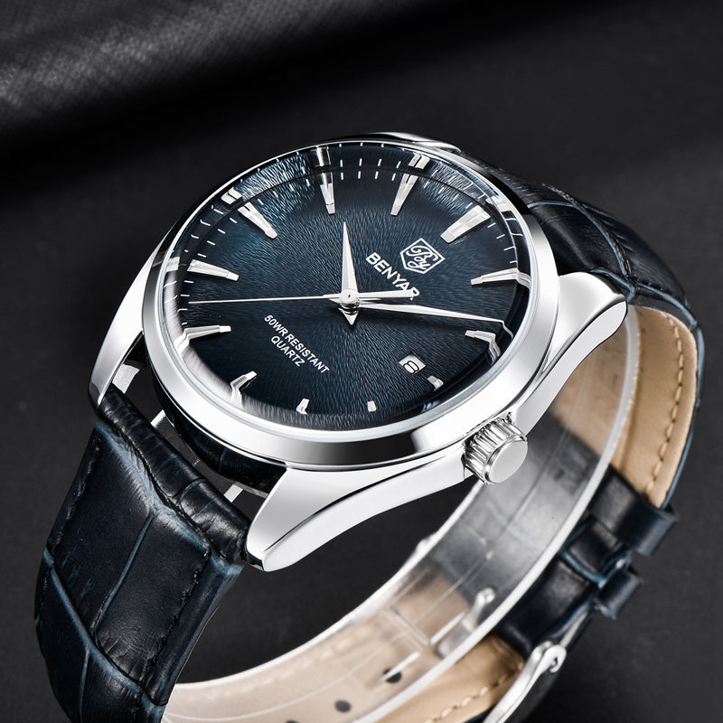 men's 41mm leather band quartz watch, view 6 - MRSLM