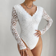 white lace long sleeve slim fit jumpsuit, view 5 - MRSLM