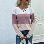 women's color block v-neck waffle knit pullover, view 3 - MRSLM