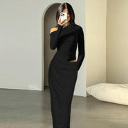 slim-fit slant shoulder hollow-out pleated dress women, view 4 - MRSLM