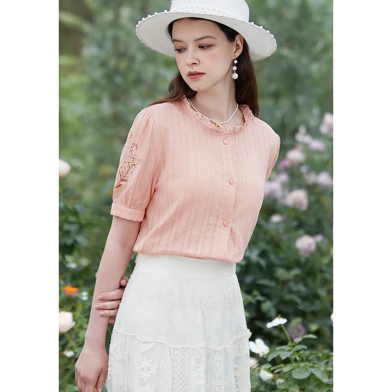 Floral embroidered stand collar blouse, view 5 - MRSLM