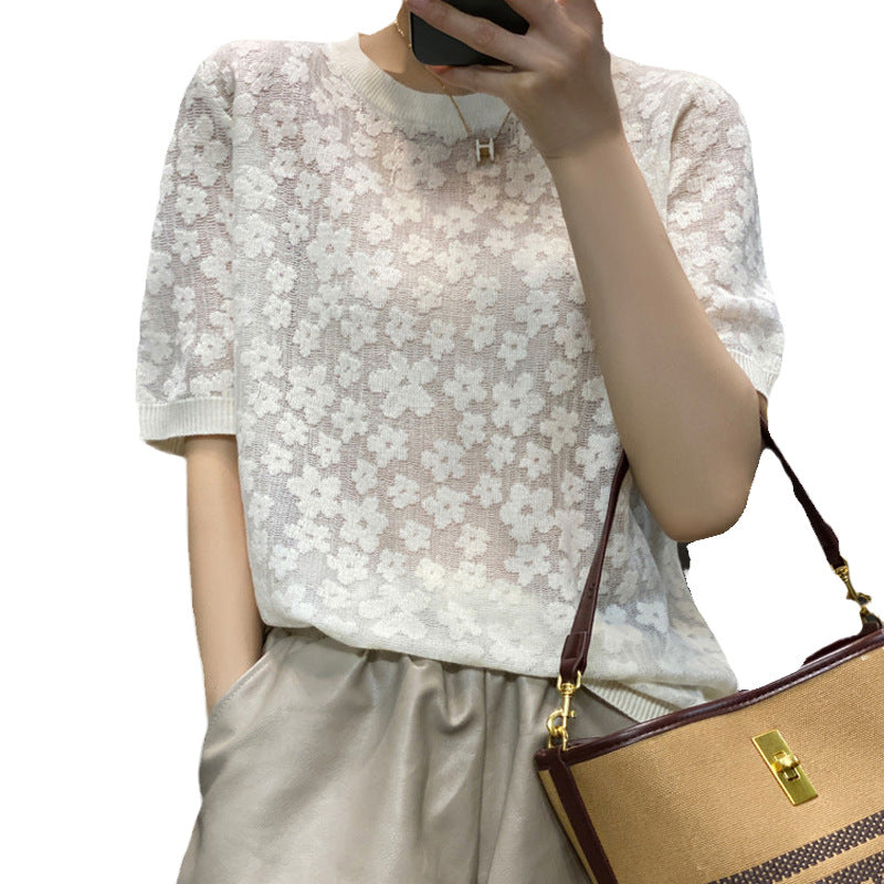 sheer crochet floral jacquard half-sleeve tee, view 5 - MRSLM