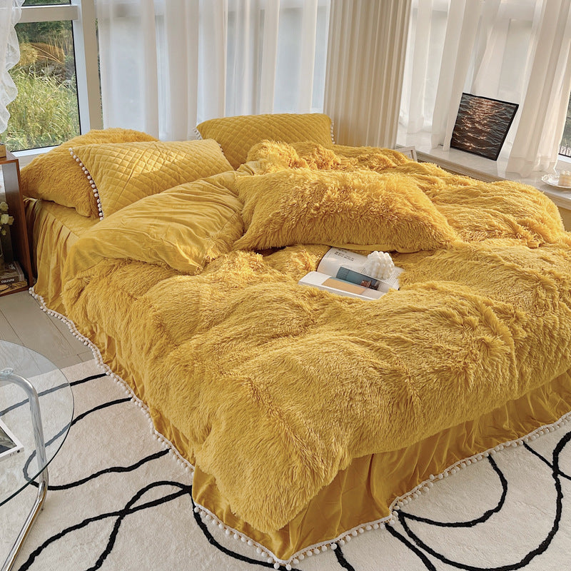 Milk Fiber Winter Faux Mink Bed Four-piece Long Plush Quilt Cover Coral Velvet Double-sided Plush Fleece-lined Quilted Bed Skirt Princess Style