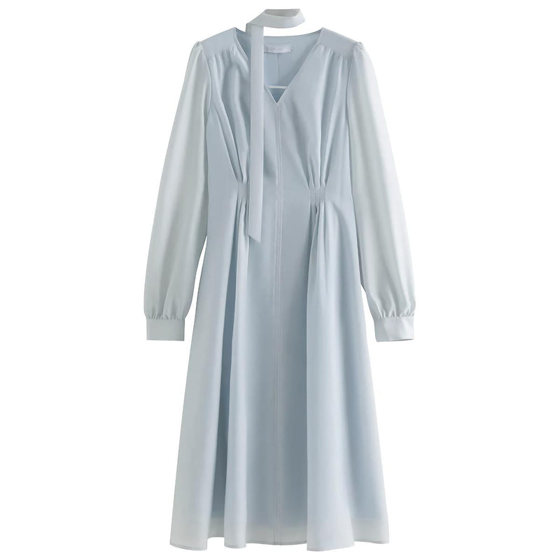 light blue v-neck ribbon dress, view 6 - MRSLM
