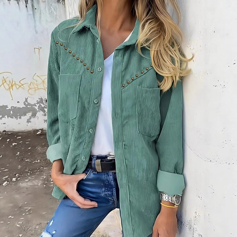 Women's green corduroy shirt jacket, view 5 - MRSLM