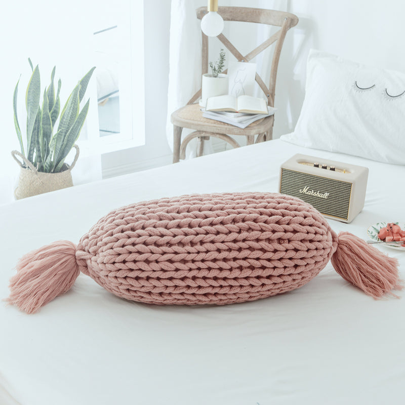 candy shape chunky knit pillow with tassels, view 5 - MRSLM