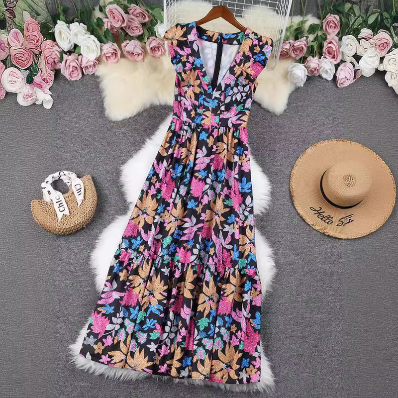 Printed deep V-neck sleeveless long dress, view 4 - MRSLM