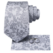 silver grey floral silk necktie set for men, view 3 - MRSLM