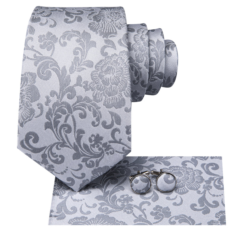 silver grey floral silk necktie set for men, view 3 - MRSLM