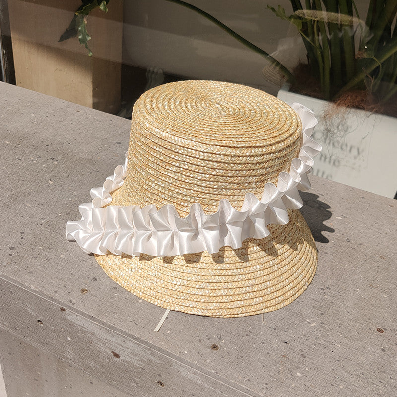 pleated lace straw bucket hat, view 2 - MRSLM