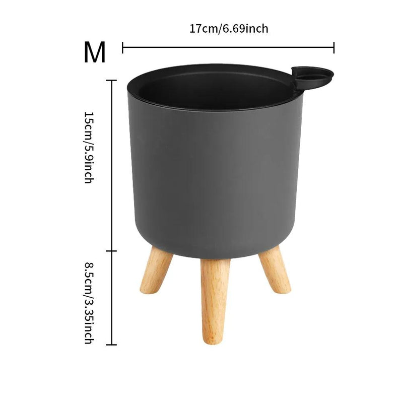 Modern self-watering planter with wooden stand, view 10 - MRSLM