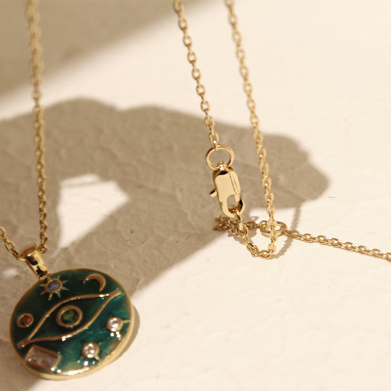 vintage green enamel pendant necklace, view 3 - MRSLM