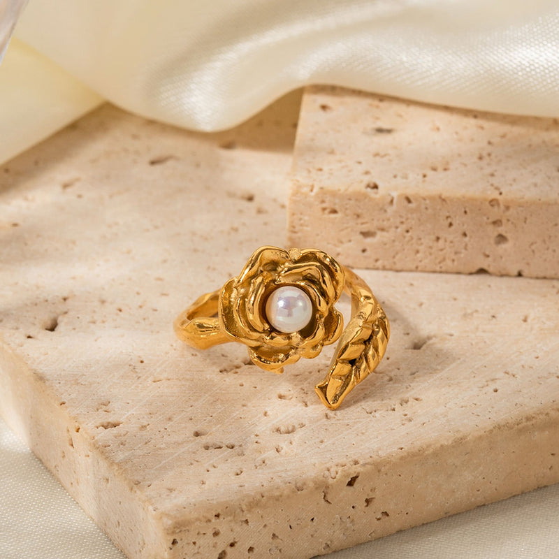 gold stainless camellia ring with shellfish beads, view 5 - MRSLM