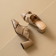 Embroidered leather high heel slippers, view 30 - MRSLM