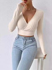 short deep V-neck knitted sweater, view 6 - MRSLM