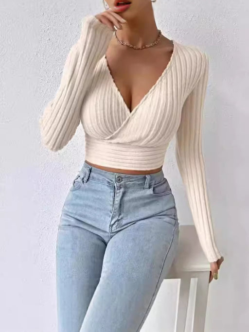 short deep V-neck knitted sweater, view 6 - MRSLM