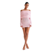 Women's hollow-out off-shoulder long sleeve short dress, view 3 - MRSLM