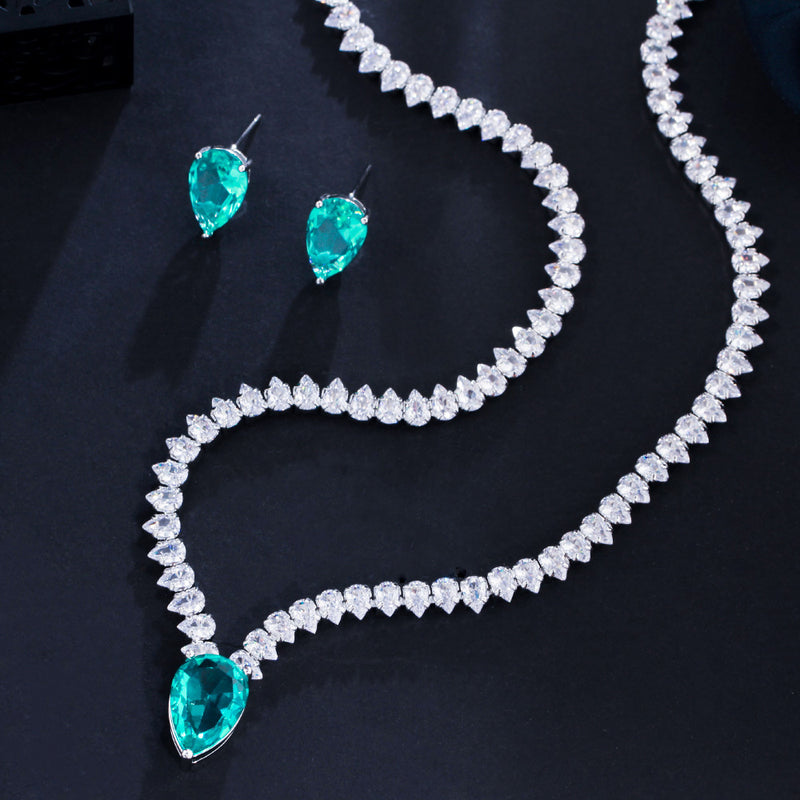 thin zircon clavicle chain and earrings set, view 2 - MRSLM