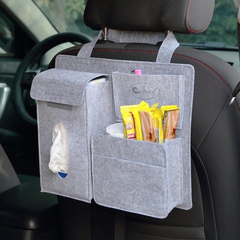 multi-function felt car seat back organizer, view 2 - MRSLM