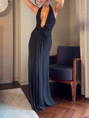 deep v solid color pleated maxi dress - MRSLM