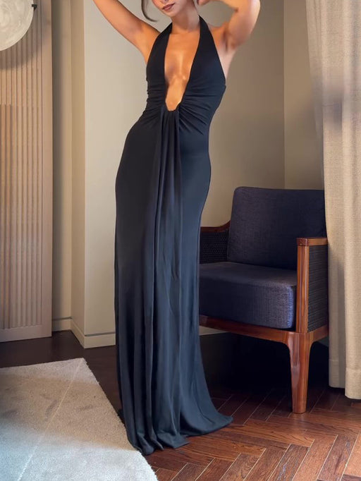 deep v solid color pleated maxi dress - MRSLM