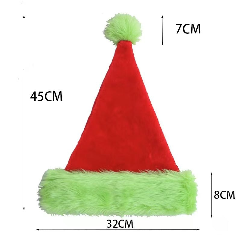 Plush velvet Santa hat with green trim, view 3 - MRSLM