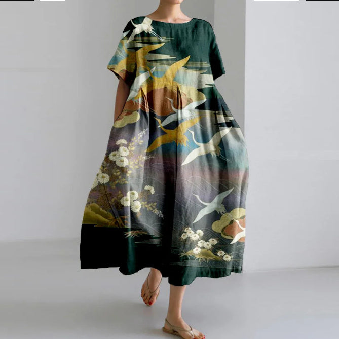 women's loose round neck printed dress - MRSLM
