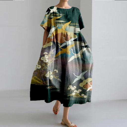 women's loose round neck printed dress - MRSLM