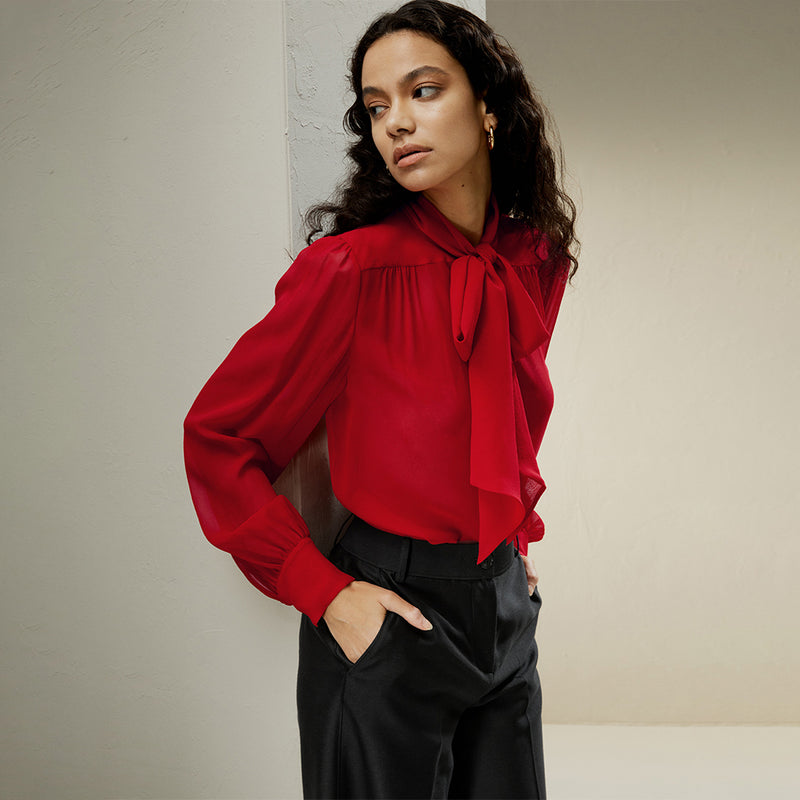 sheer silk mesh bow-tie blouse, view 5 - MRSLM