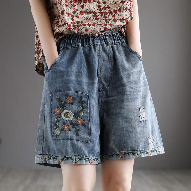 floral embroidery wide leg denim shorts - MRSLM