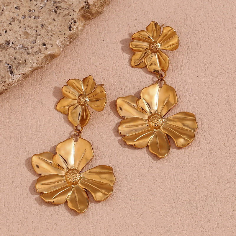 gold plated two flower drop earrings, view 6 - MRSLM