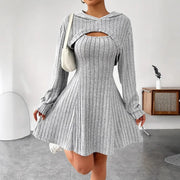 hooded shawl vest and short skirt set, view 3 - MRSLM
