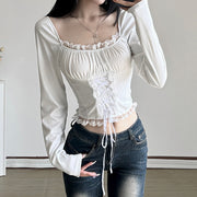 square collar lace long sleeve top - MRSLM