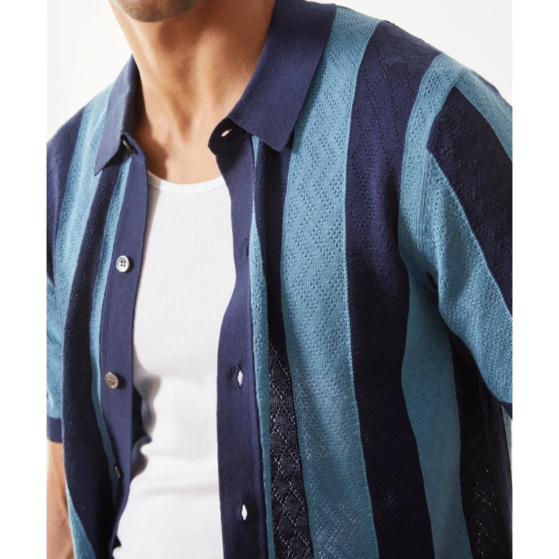casual knitted stripe patchwork cardigan, view 4 - MRSLM