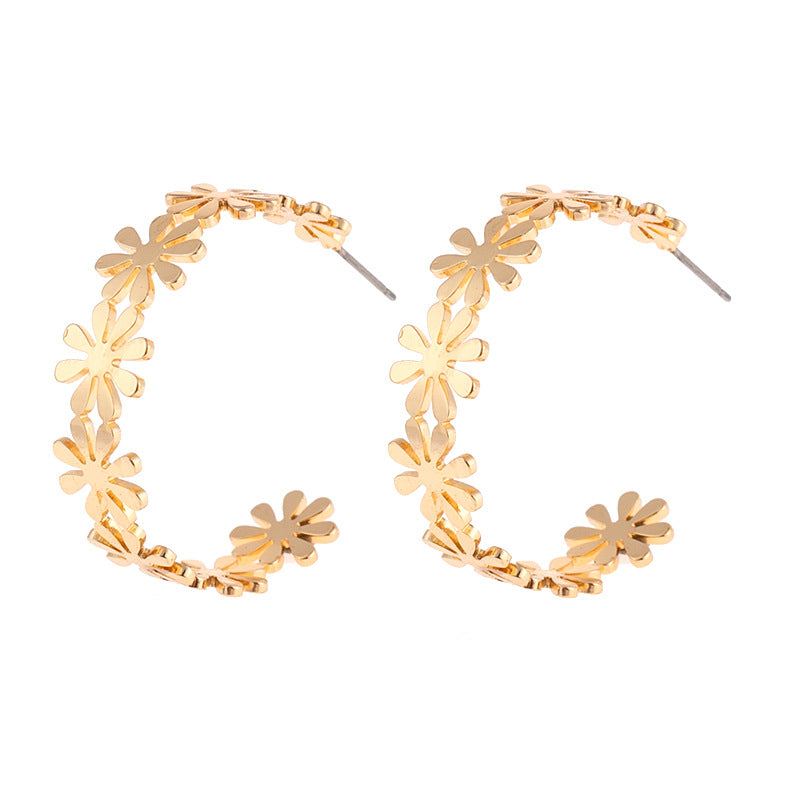 golden C-shaped flower drop earrings, view 8 - MRSLM