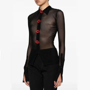 slim fit sheer mesh patchwork blouse - MRSLM
