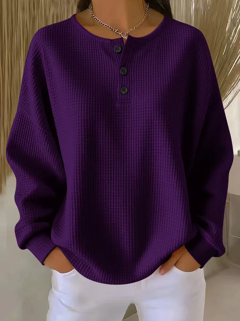 Waffle Long-sleeved T-shirt Fashion Solid Color Buttons Round Neck Pullover Top Women's Clothing
