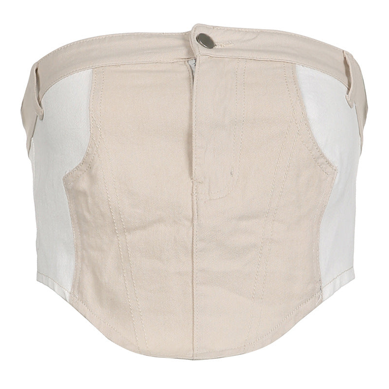 khaki denim tube top with contrast buttons, view 2 - MRSLM