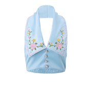 lapel button floral embroidered halterneck vest, view 3 - MRSLM
