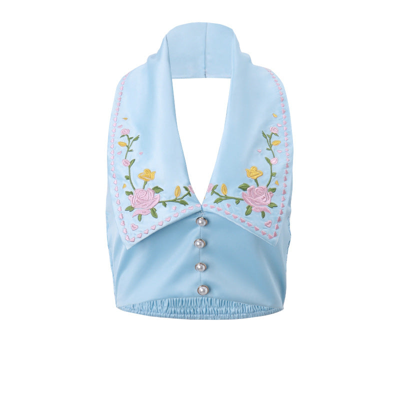 lapel button floral embroidered halterneck vest, view 3 - MRSLM
