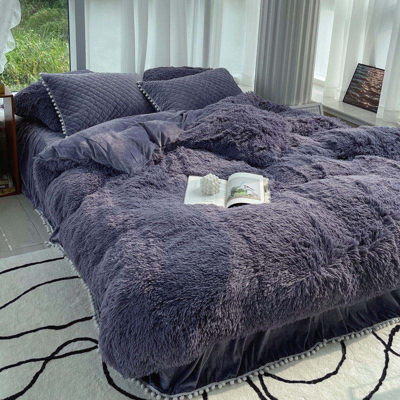 Milk Fiber Winter Faux Mink Bed Four-piece Long Plush Quilt Cover Coral Velvet Double-sided Plush Fleece-lined Quilted Bed Skirt Princess Style