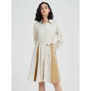 beige a-line long sleeve dress with belt, view 2 - MRSLM