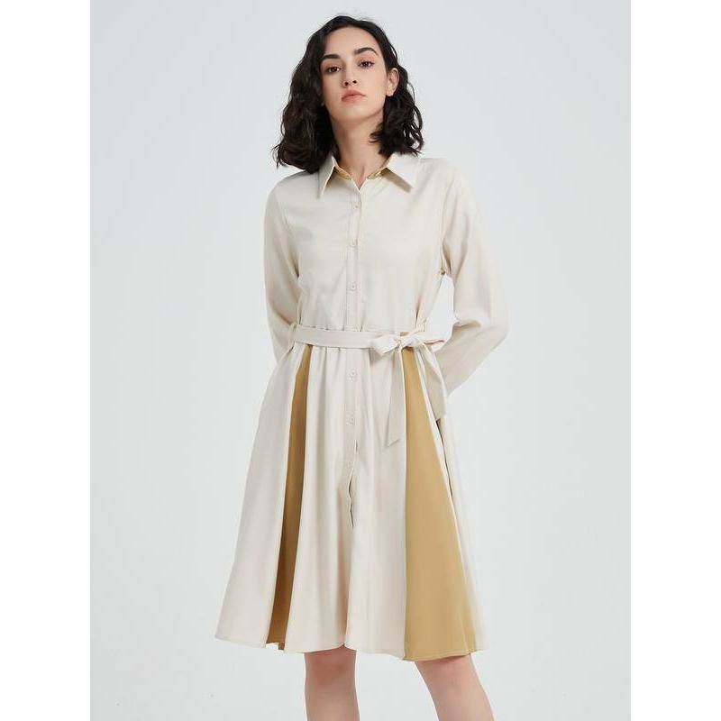 beige a-line long sleeve dress with belt, view 2 - MRSLM