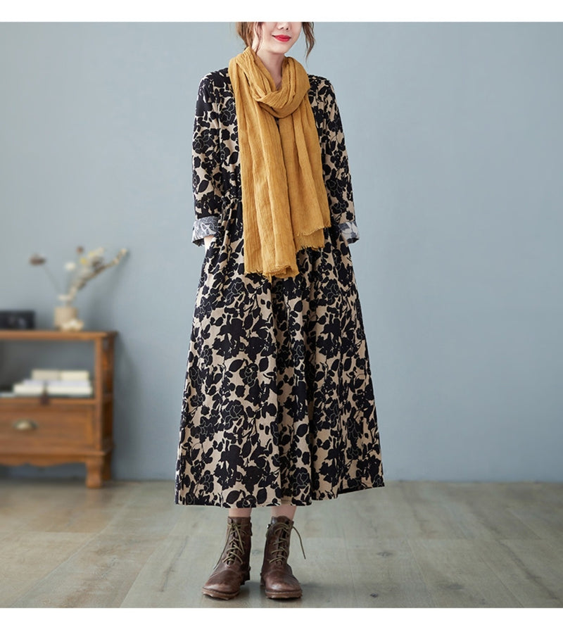 retro art floral print cotton linen dress, view 7 - MRSLM