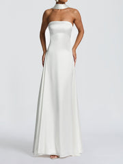 strapless satin maxi dress, view 8 - MRSLM